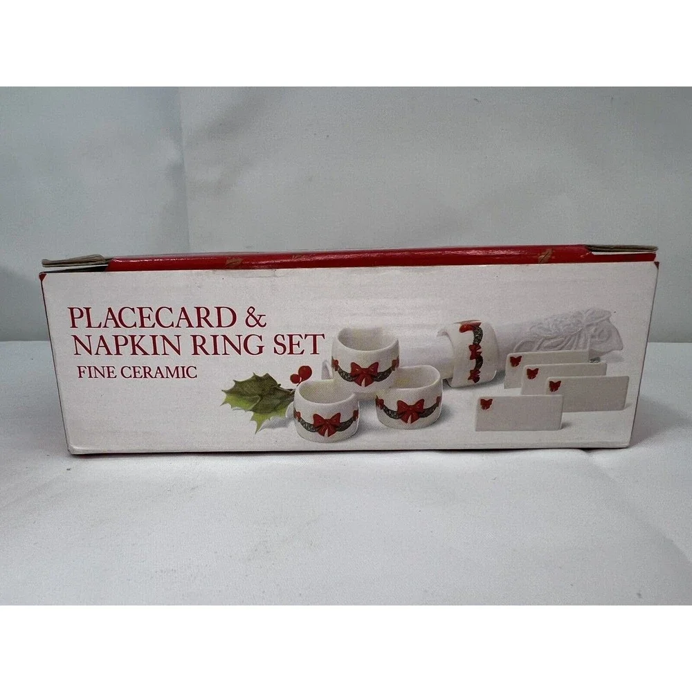 Ceramic NAPKIN RINGS & PLACE CARDS •4• RED BOWS ON WHITE NIB CHRISTMAS‎ JAPAN